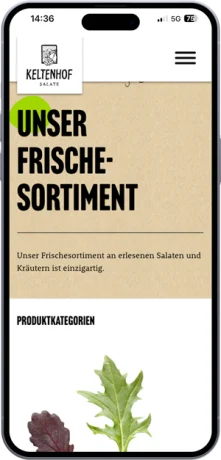 Webseite von Keltenhof mit der Überschrift „Unser Frische-Sortiment“ auf hellem Beige. Die Seite präsentiert eine moderne, klare Produktübersicht.