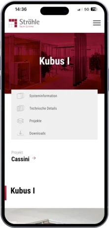 Die mobile App-Ansicht präsentiert das Produkt „Kubus I“ von Cassini. Die Seite ist minimalistisch gehalten und zeigt eine Produktkatalogseite mit klarem Design.
